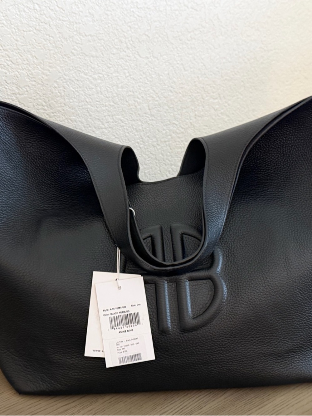 Black Embossed Leather Tote with Raised Logo